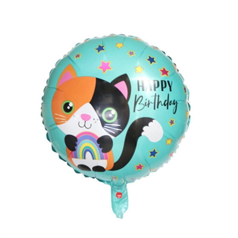 Happy Birthday Balloon Cat Holding Rainbow Mylar Balloon