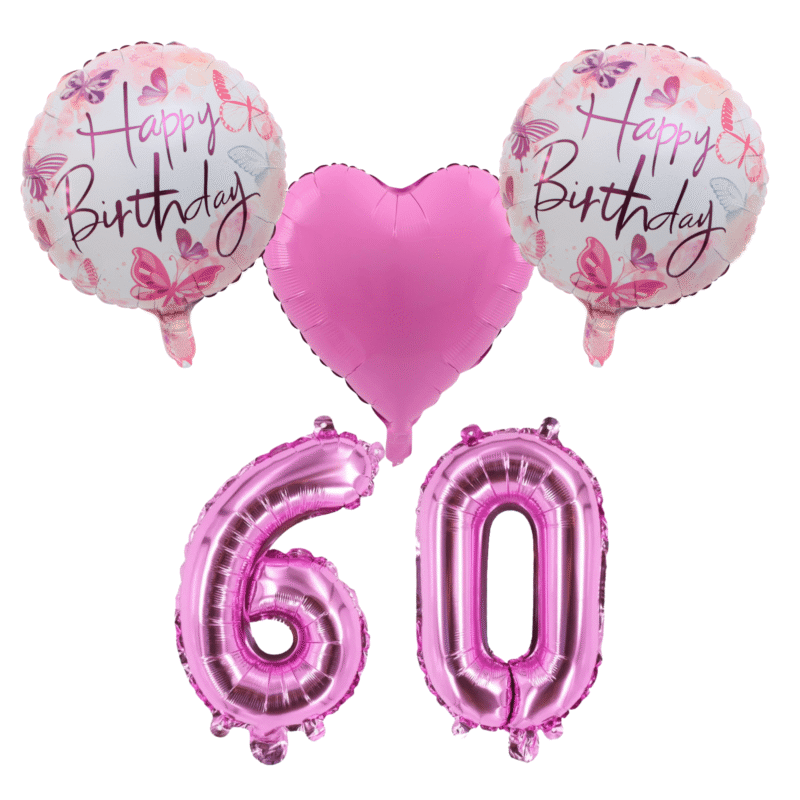 60th Birthday Party Balloons Pink Butterfly Foil Number Balloons Set