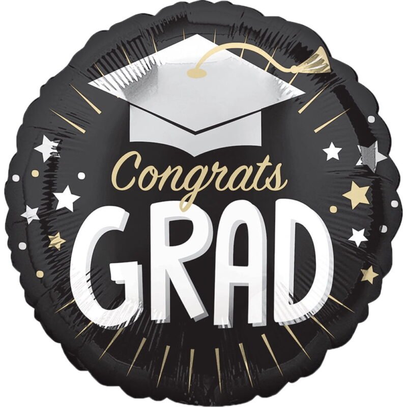 Anagram Congrats Grad Cap 18" Graduation Round Jr Shape Foil Balloon, Black Silver Gold