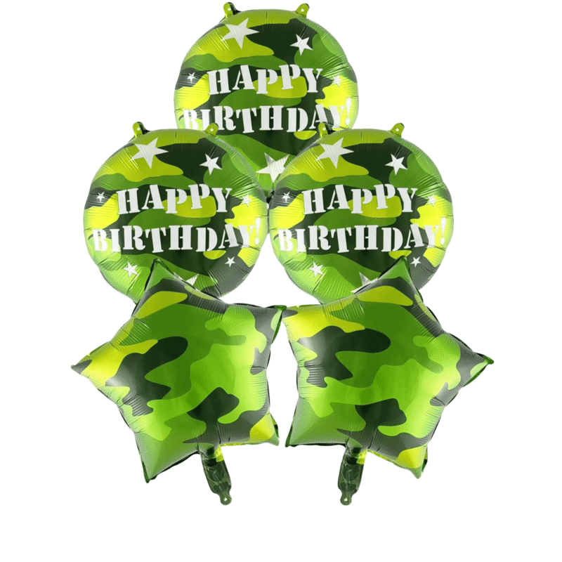 Army Camo Happy Birthday Balloon Set – 5 Pack Military Camouflage Foil Balloons