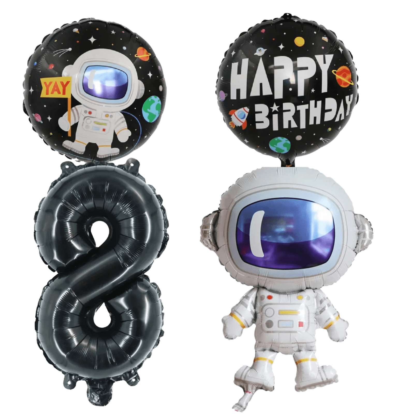 Astronaut Number 8 Birthday Party Balloons Black Silver Foil Set