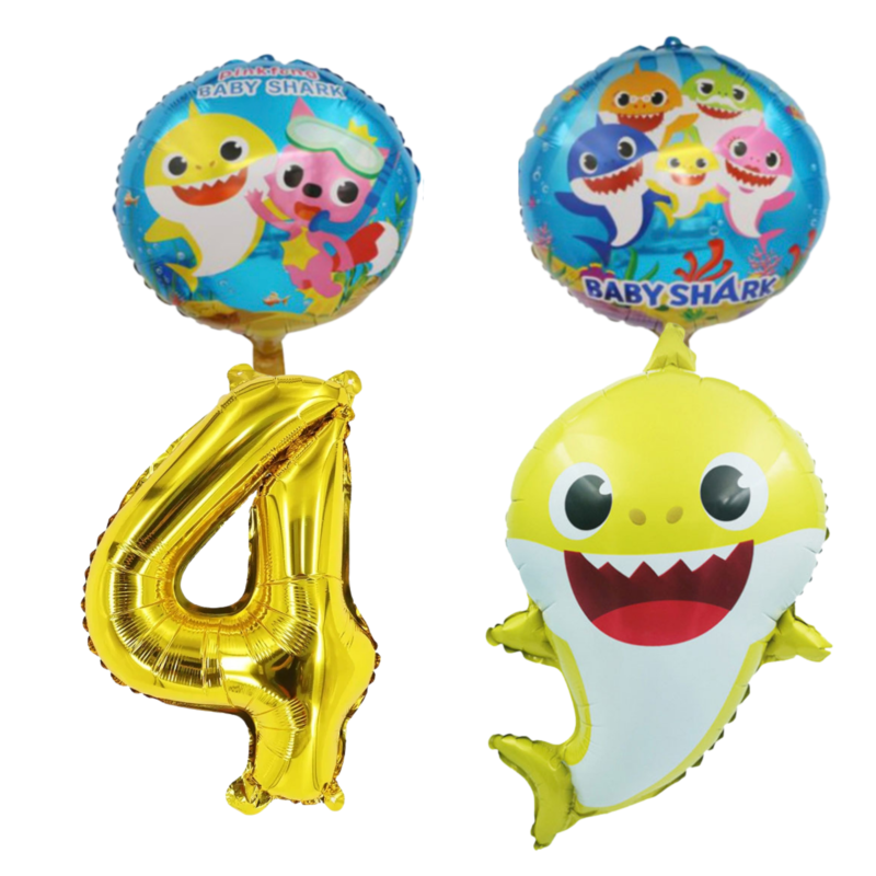 Baby Shark 4th Birthday Party Foil Balloons Number & Figure Set Gold Blue