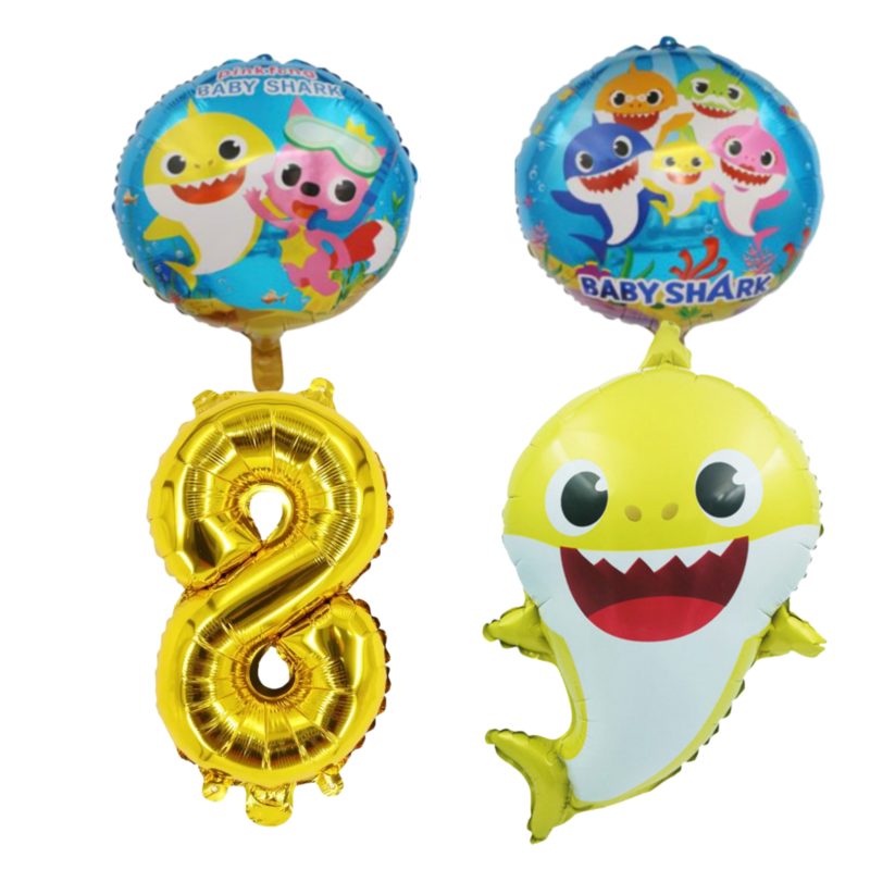Baby Shark 8th Birthday Party Foil Balloons Gold Blue Kids