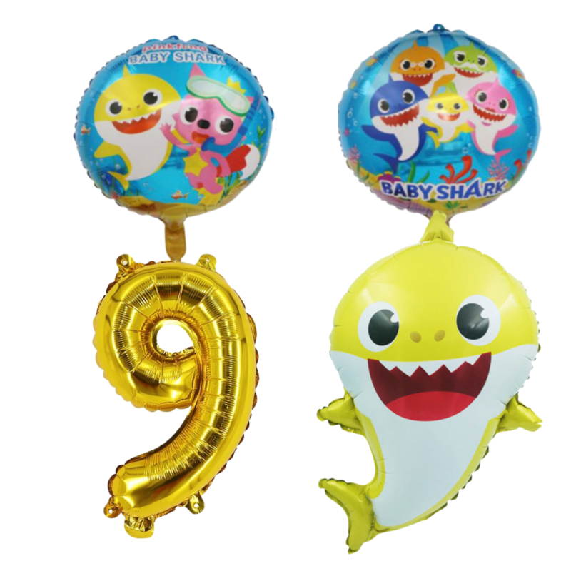 Baby Shark 9th Birthday Foil Balloon Set Gold Blue Kids Party