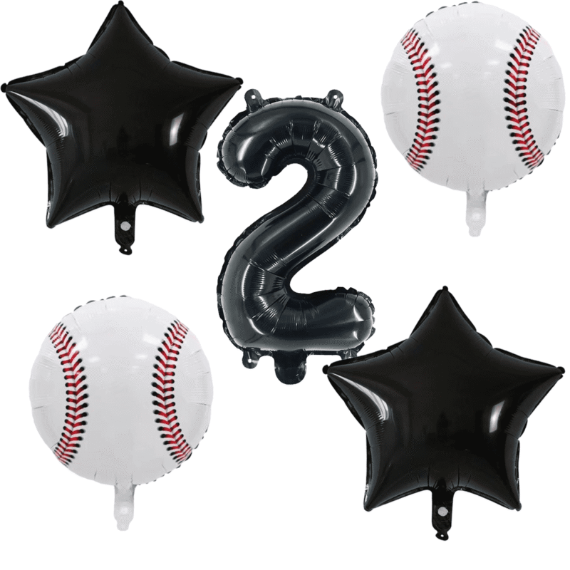 Baseball 2nd Birthday Party Balloons Number 2 Black White Star Foil Balloons