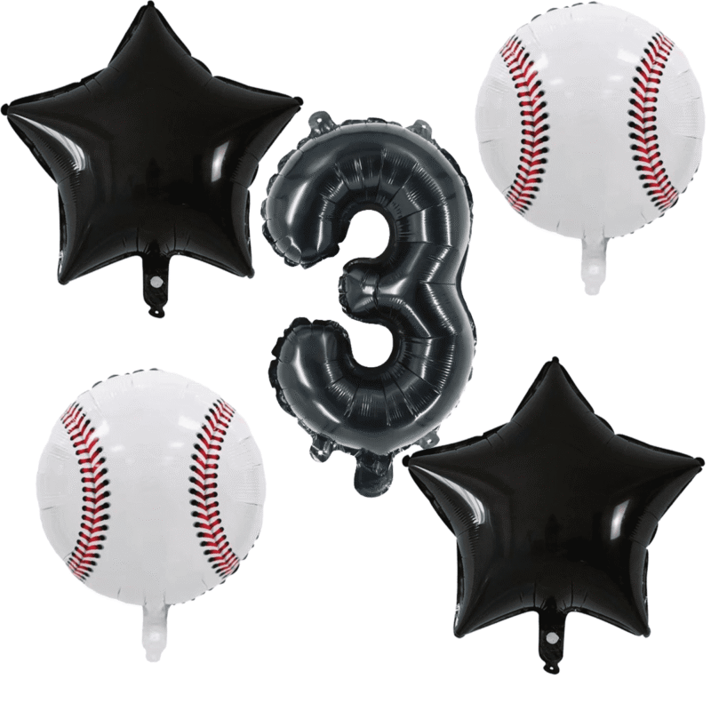 Baseball 3rd Birthday Party Balloons Black White Number Foil Star Set Balloons