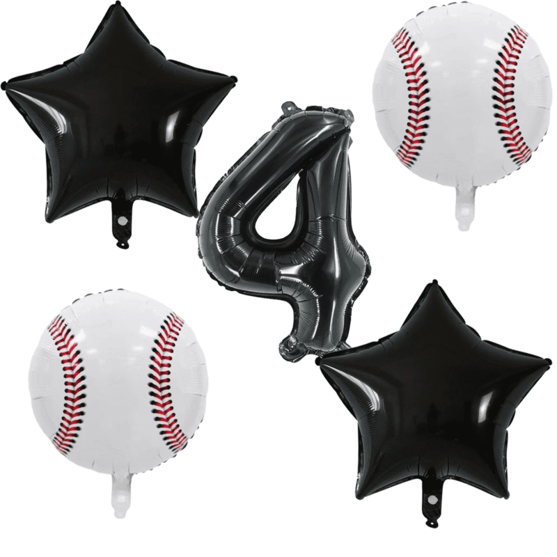 Baseball 4th Birthday Party Balloons Kit Black White Number Foil Stars Balloons