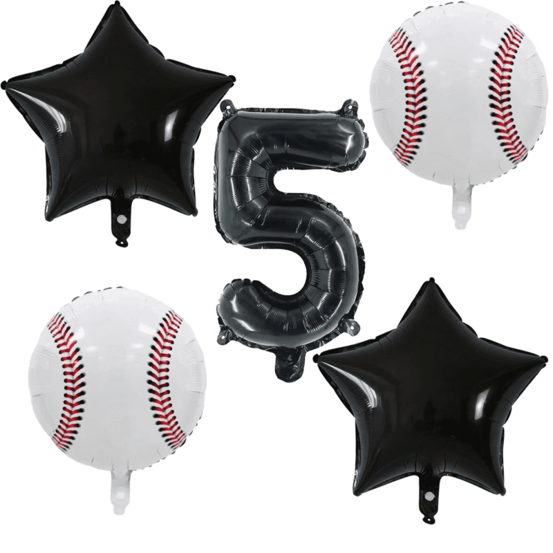 Baseball 5th Birthday Party Foil Balloons Number 5 Black White Star Balloons