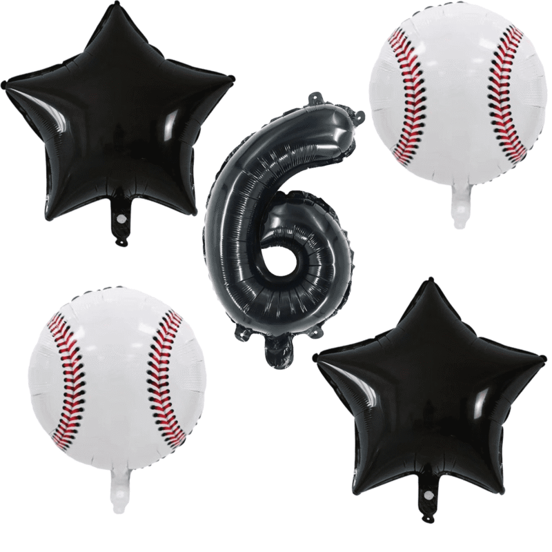 Baseball 6th Birthday Party Balloons Black White Star Number Foil Set Balloons