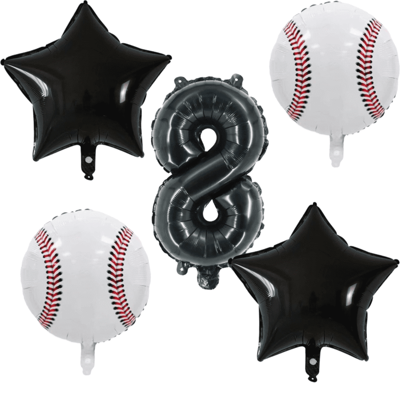 Baseball 8th Birthday Party Balloons Number 8 Black White Stars Foil Balloons