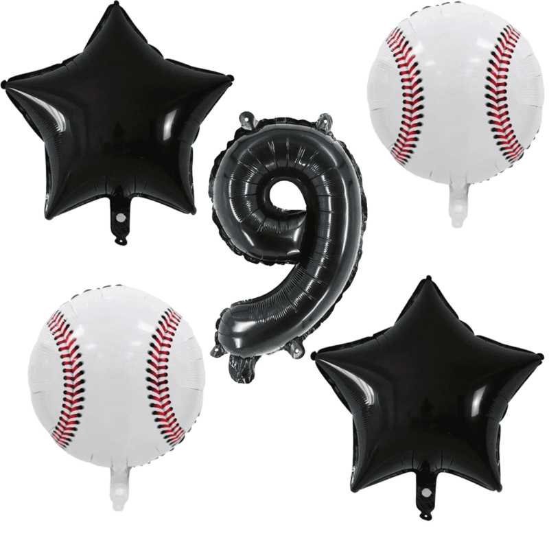 Baseball 9th Birthday Party Foil Balloons Black White Stars Number 9 Balloons