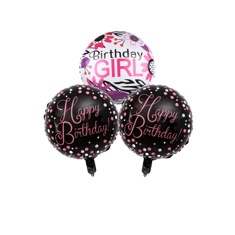 Birthday Girl and Happy Birthday Mylar Balloon Set – 3 Pack Black Polka Dot Foil Birthday Balloons
