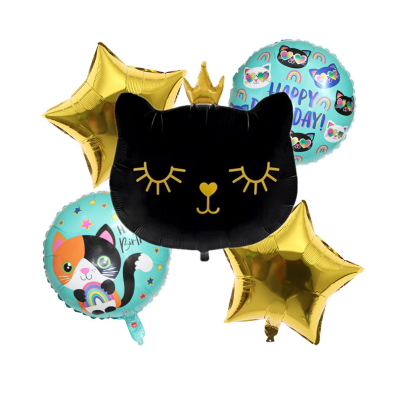 Black Cat Birthday Balloon Set with Gold Stars and Happy Birthday Mylar Balloons
