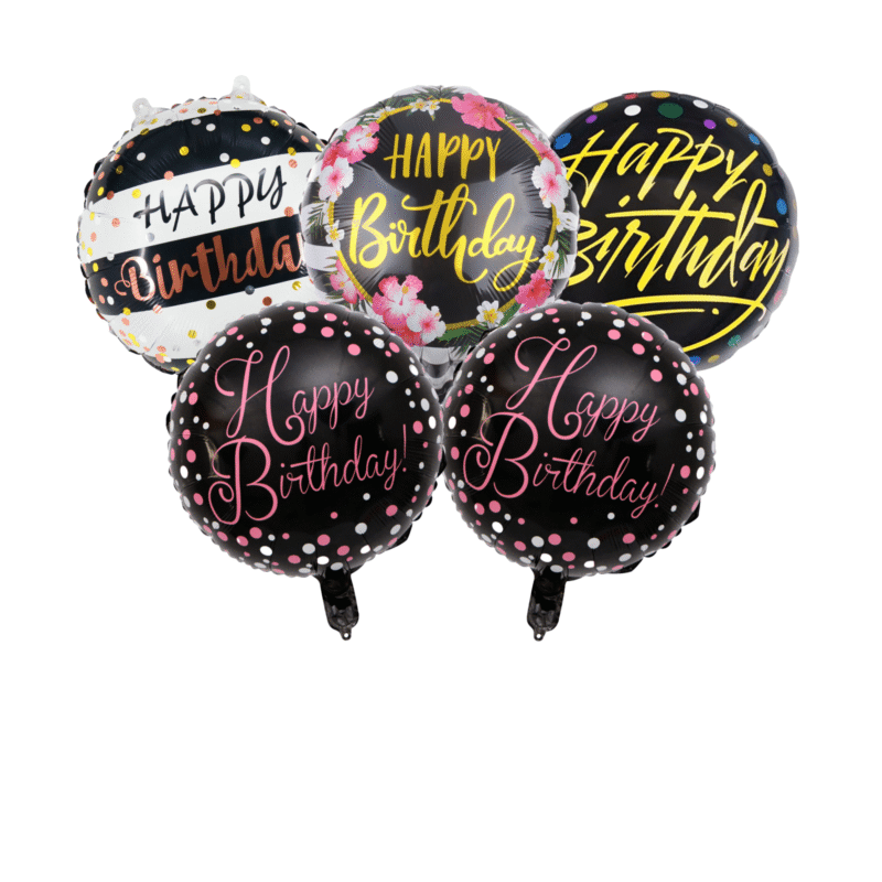 Black and Gold Happy Birthday Mylar Balloon Set – 5 Pack Foil Birthday Balloons for Party Decorations