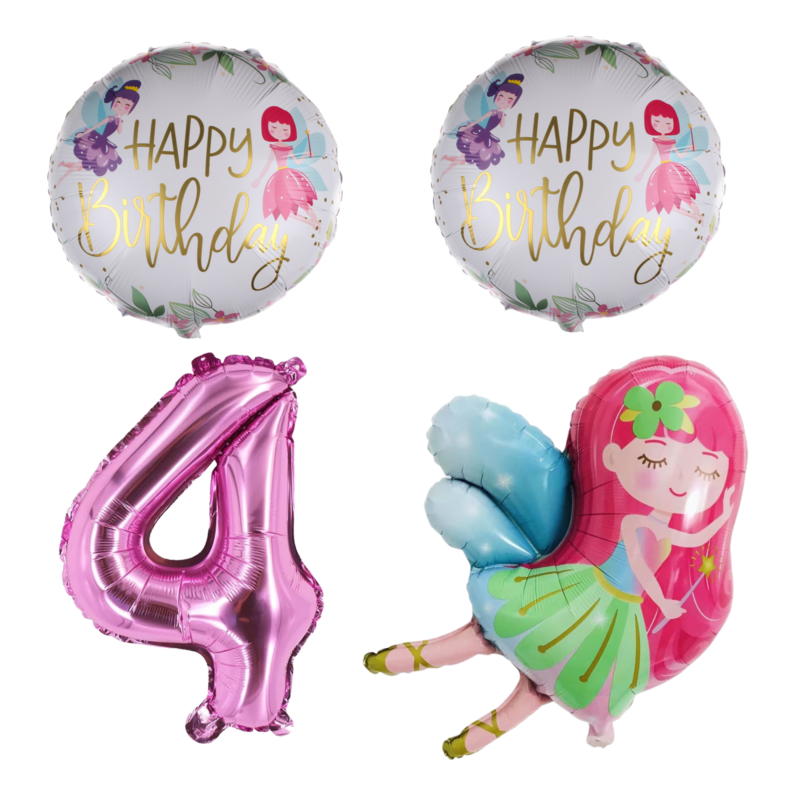 Fairy Birthday Party Balloons Number 4 Pink Foil Balloon Set Girl's 4th