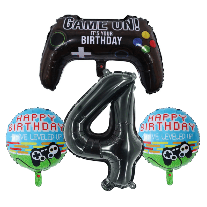 Game On! 4th Birthday Party Foil Balloon Set Gamer Black Blue Kids
