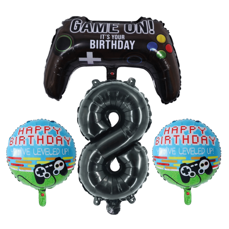 Game On! Number 8 Birthday Party Foil Balloon Set Gamer Boy Black Blue