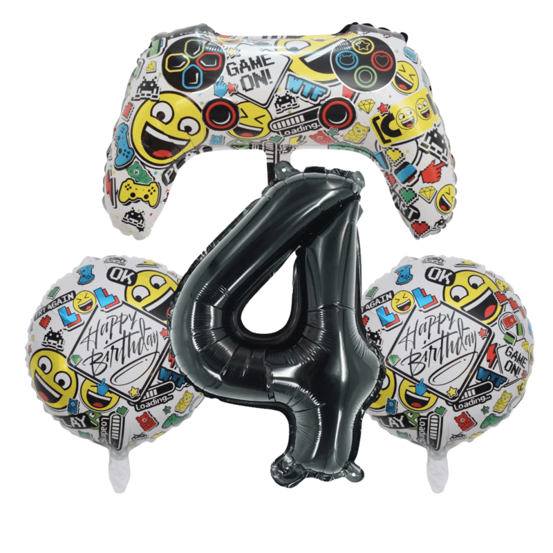 Gamer 4th Birthday Party Foil Balloon Set Number 4 Black Multicolor