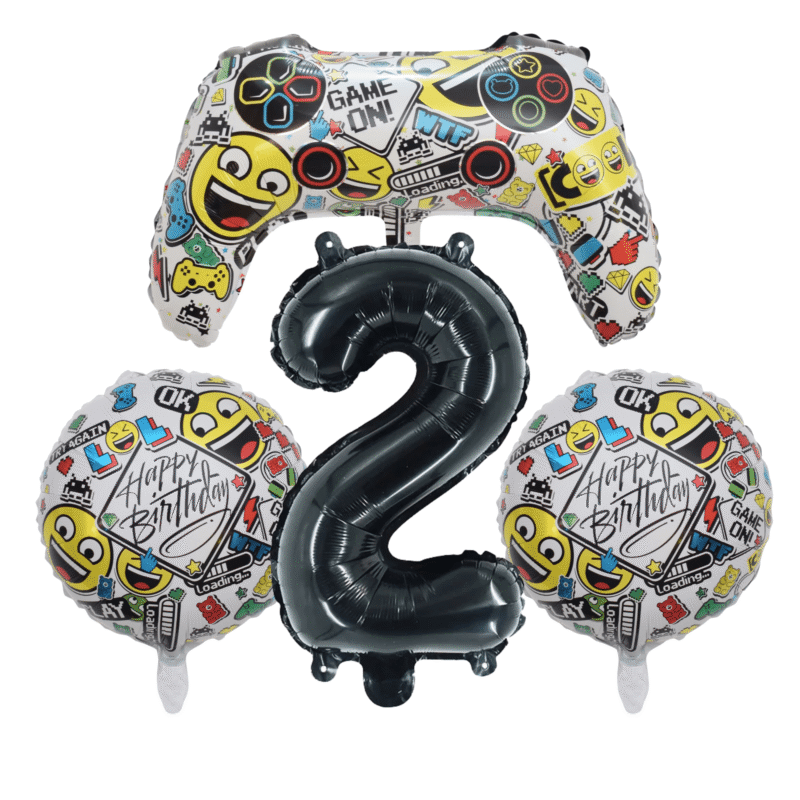 Gamer Emoji 2nd Birthday Party Foil Balloon Set Black White