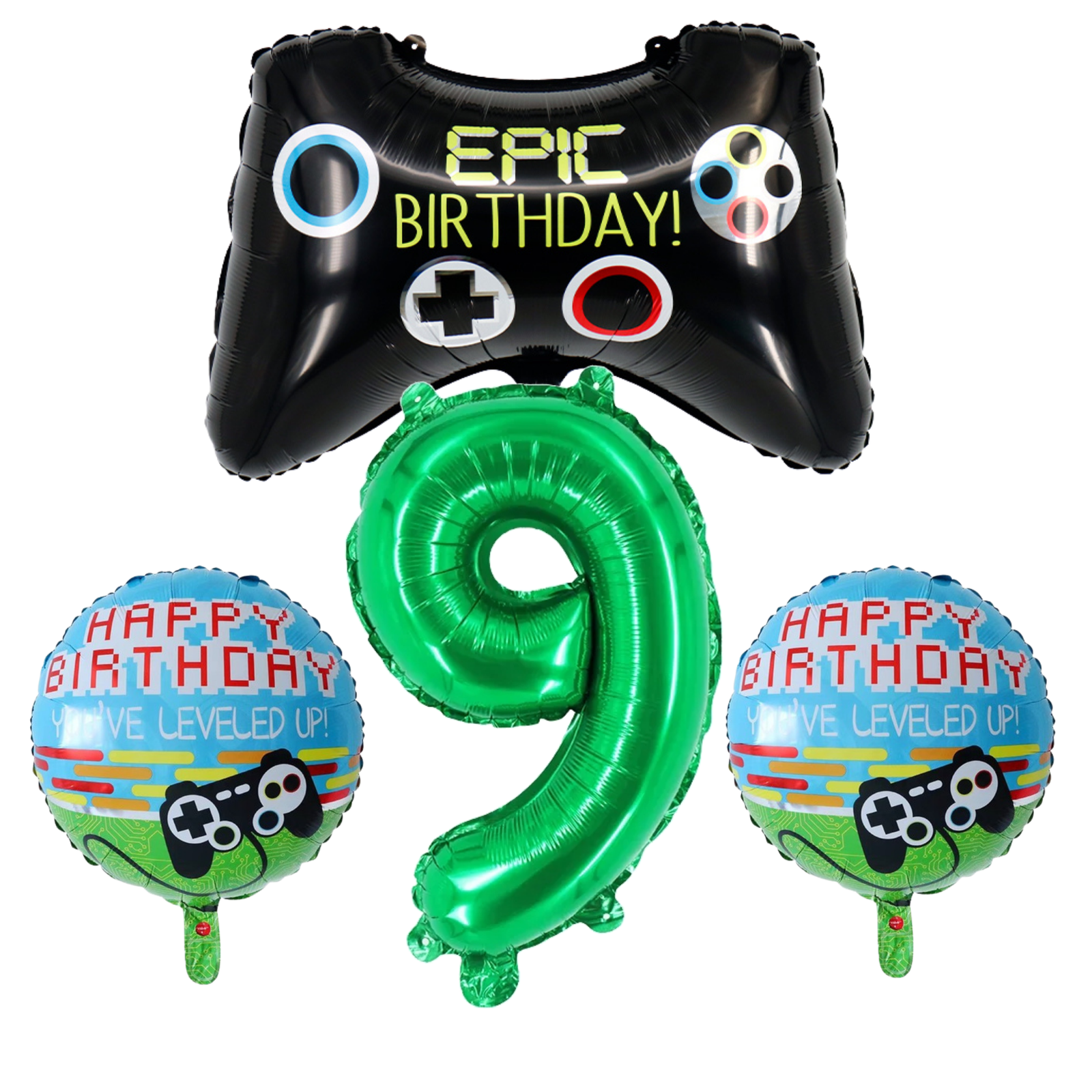 Gamer Level 9 Birthday Party Balloons Foil Set Green Black