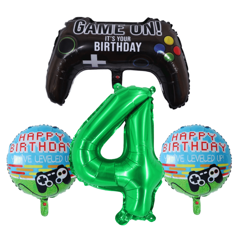 Gamer Level Up 4th Birthday Party Balloons Green Black Foil