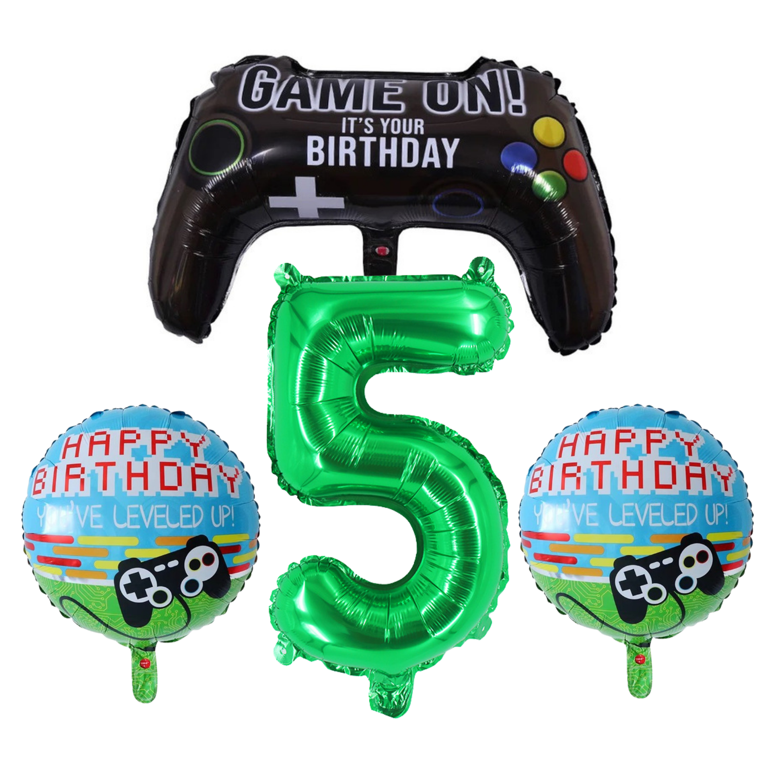 Gamer Level Up 5th Birthday Party Balloons Green Black Foil Set