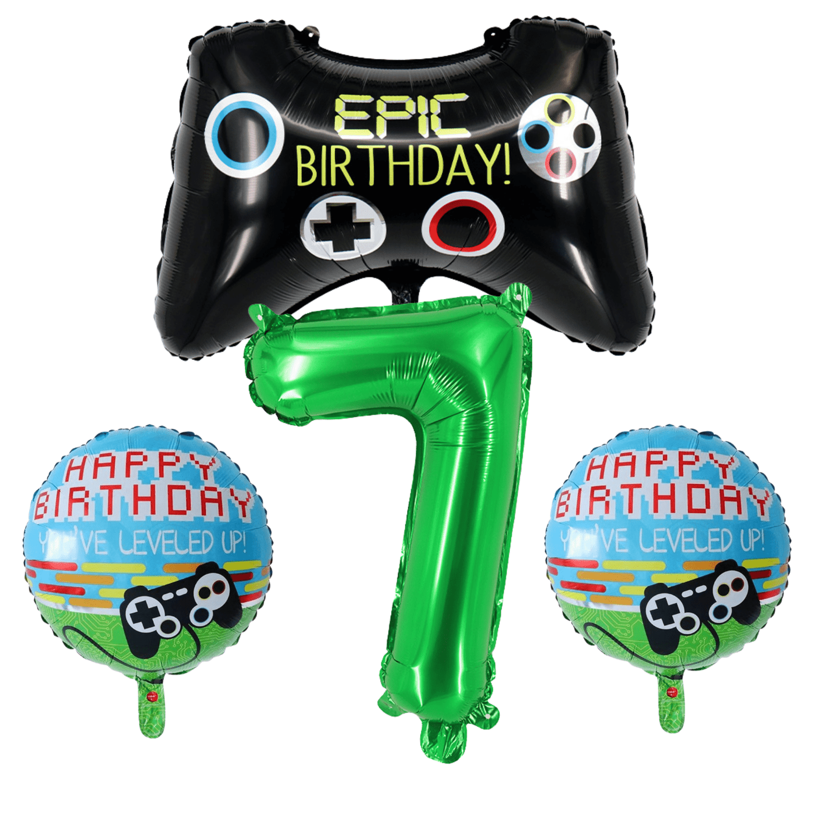 Gamer Level Up 7th Birthday Party Balloons Green Black Foil