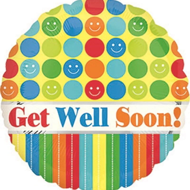 Get Well Soon Balloon Dots & Stripes with Attached Ribbons Mylar Balloon