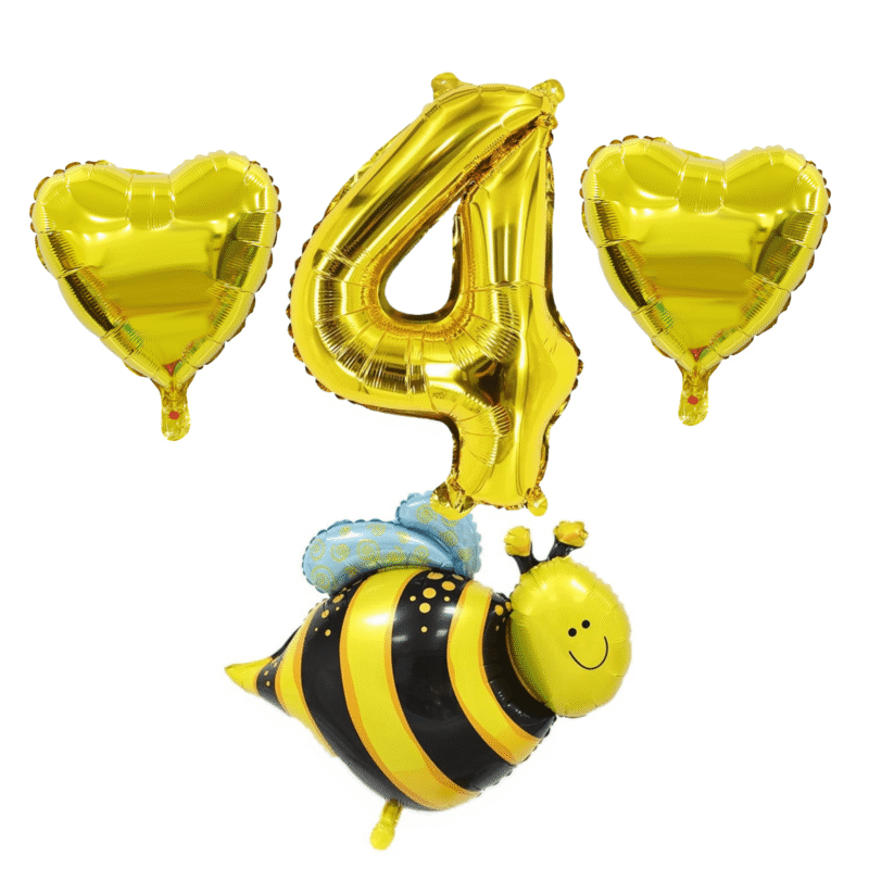 Gold Number 4 Bee Birthday Party Balloons Set