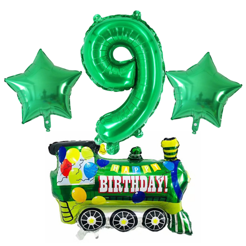 Green Train Number 9 Birthday Party Foil Balloons Set Kids