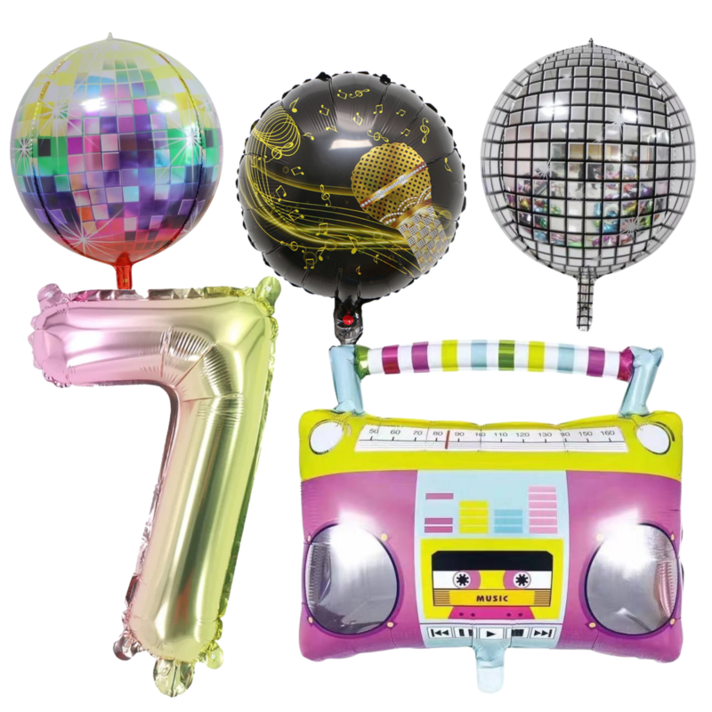 Groovy 7th Birthday Party Balloon Set; Disco Boombox Foil Balloons; Pink Gold Silver