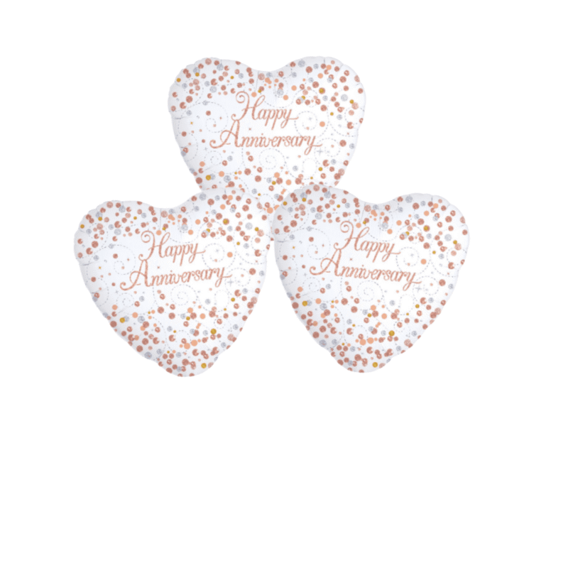 Heart-Shaped Anniversary Balloon Set – 3 Pack Rose Gold Confetti Mylar Balloons