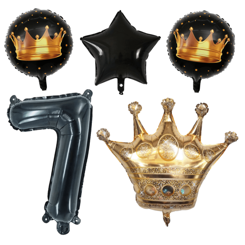 King Crown 7th Birthday Party Balloons Black Gold Foil Set