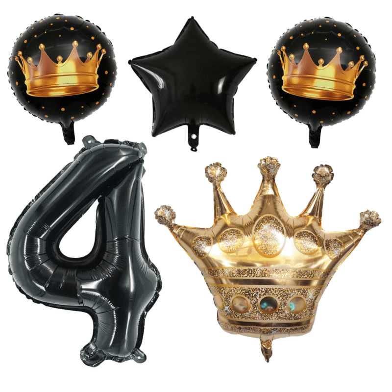 King's 4th Birthday Party Balloons Black Gold Crown Set
