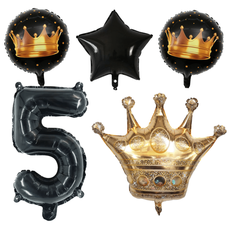 King's 5th Birthday Party Balloons Black Gold Crown Number Foil