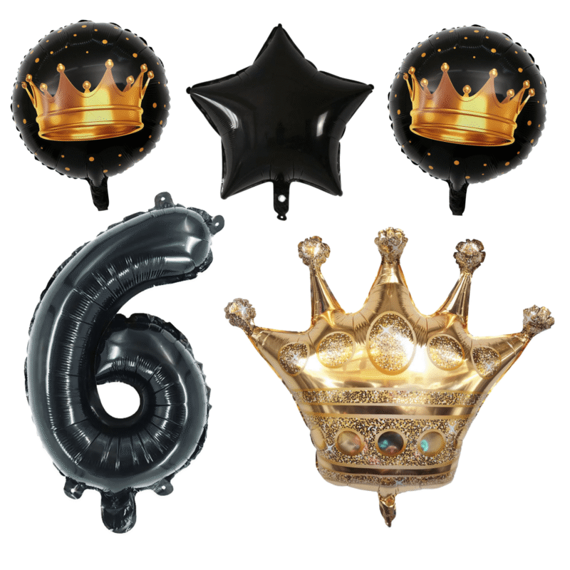 King's 6th Birthday Party Foil Balloons Black Gold Crown Set