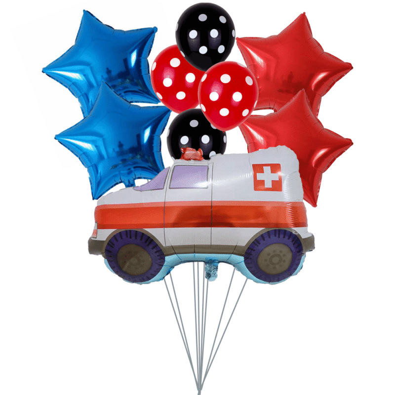 Large Ambulance Balloon Set - 18" Blue & Red Stars Balloons, Polka Dot Latex Balloons Hospital Emergency Response Themed Party