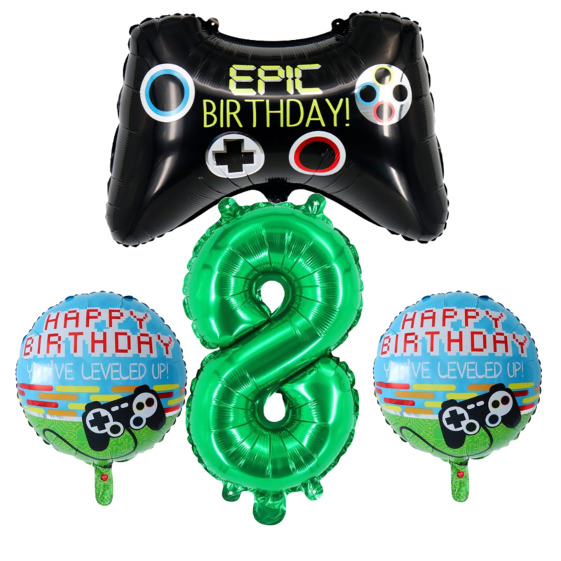 Level 8 Gamer Birthday Party Balloons Set Green Black