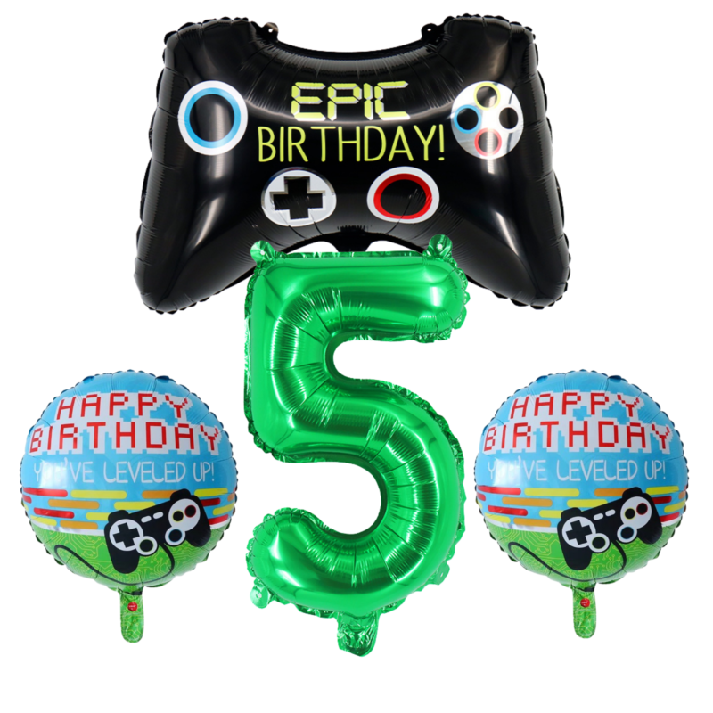 Level Up! 5th Birthday Gamer Party Foil Balloons Set Green Black