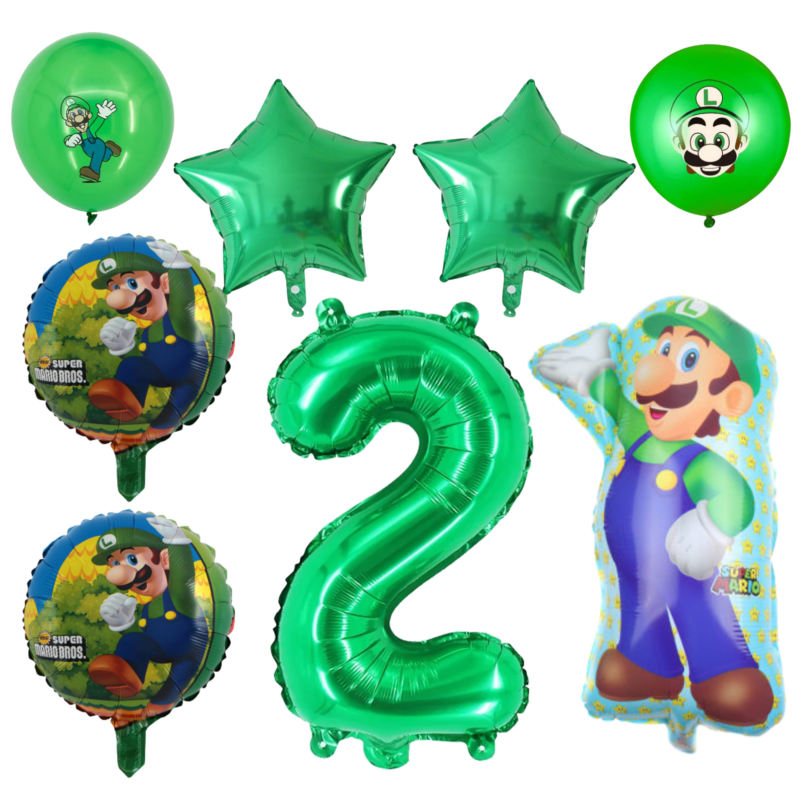 Luigi 2nd Birthday Party Balloons Set Green Foil 7pc balloons