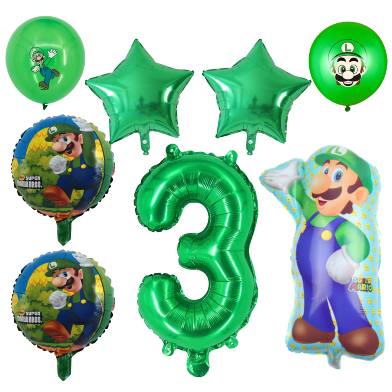 Luigi 3rd Birthday Party Balloons Set Green Foil 7pc balloons
