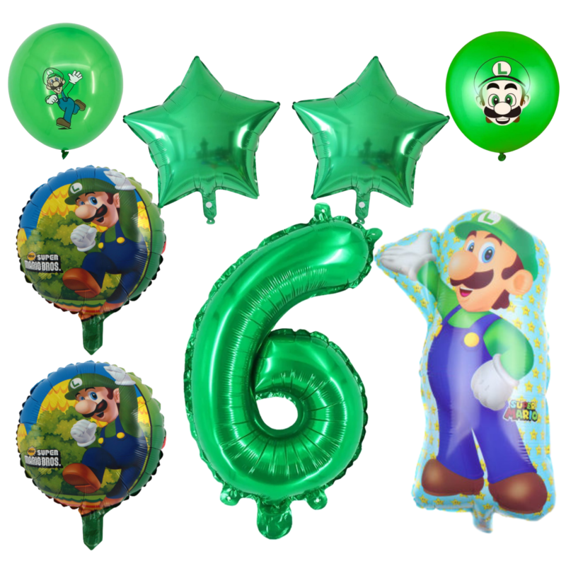 Luigi 6th Birthday Party Balloons Set Green 7pc balloons