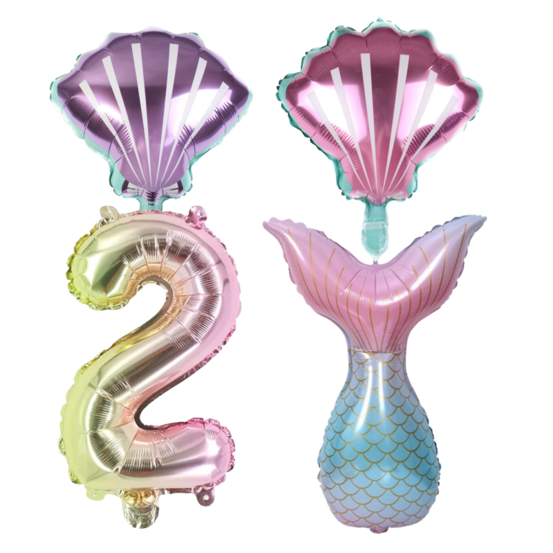 Mermaid 2nd Birthday Foil Balloon Set; Number 2, Tail, Shells; Pink, Teal Party Decor