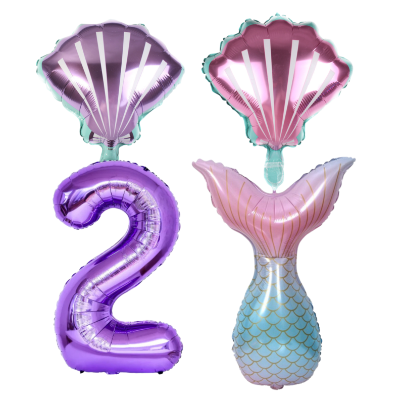 Mermaid 2nd Birthday Party Foil Balloons Set Purple Pink Teal