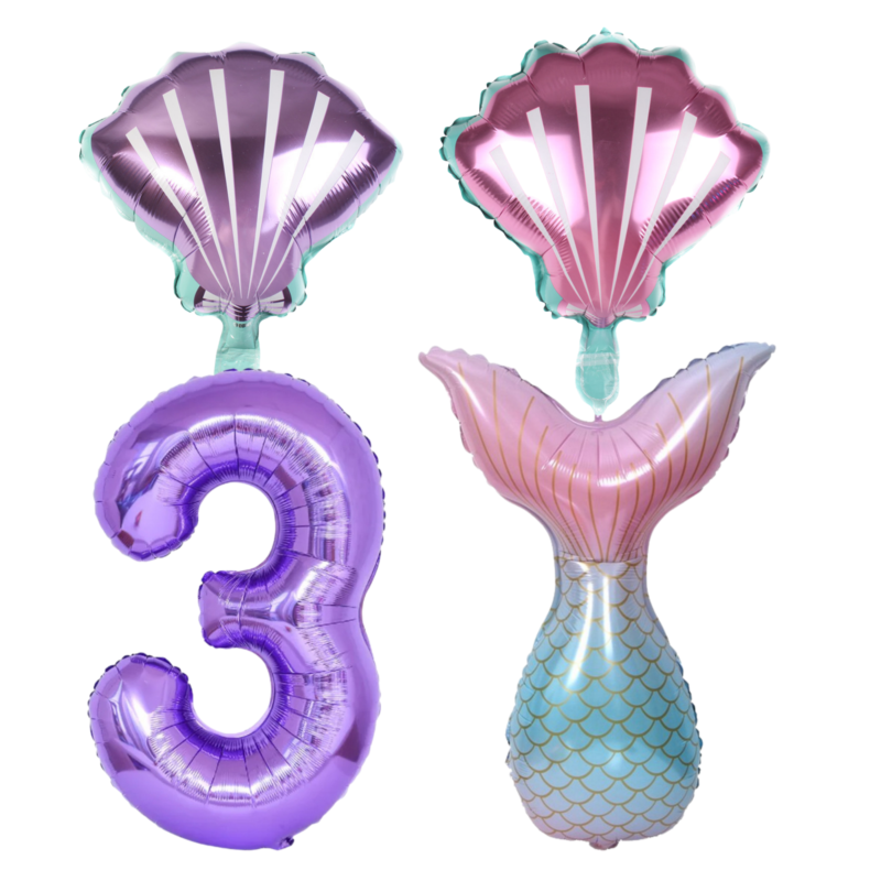Mermaid 3rd Birthday Party Balloons Set; Purple Pink Number 3; Foil Shell Tail