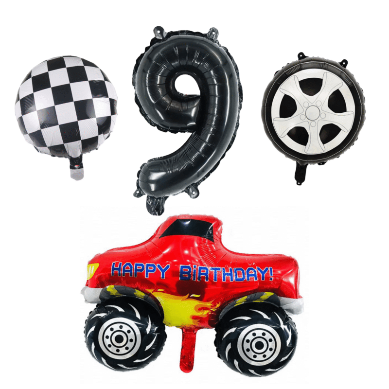 Monster Truck 9th Birthday Party Foil Balloons Red Black Set