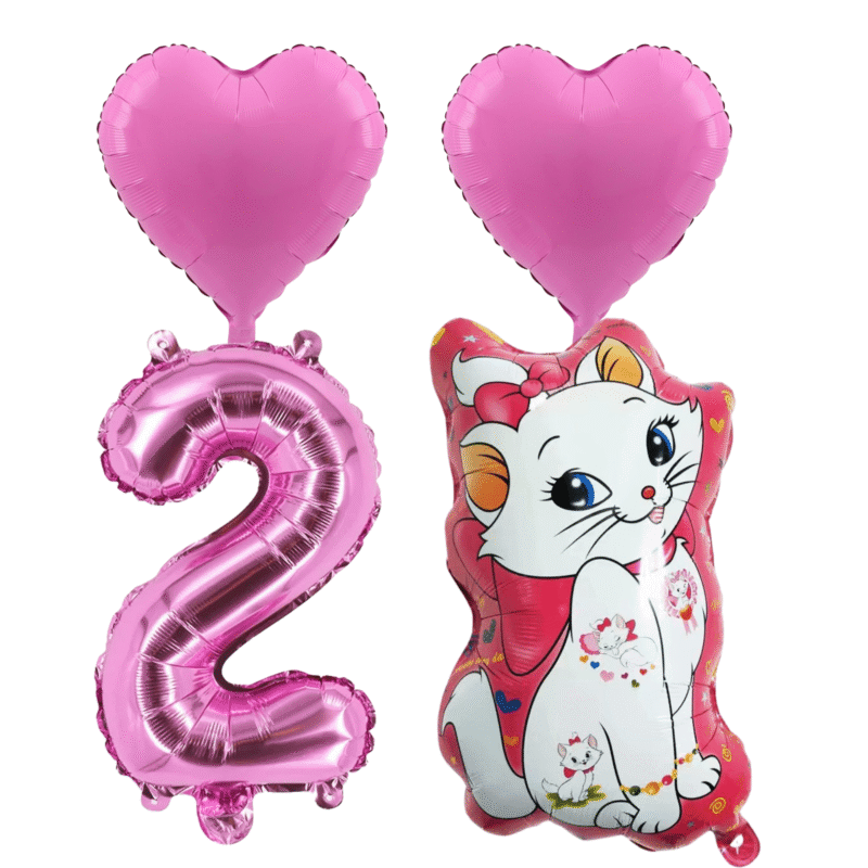 Number 2 Birthday Party Balloons, Marie Cat Pink Foil Balloons, 2nd Birthday