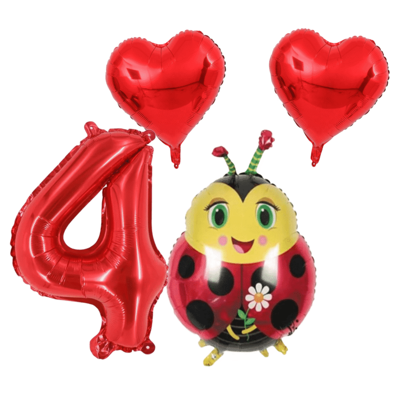 Number 4 Ladybug Birthday Party Balloons Red Foil Set