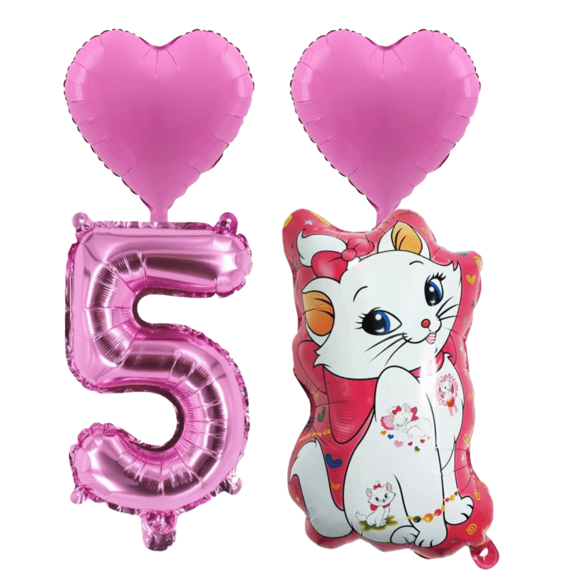 Number 5 Marie Cat 5th Birthday Foil Balloon Set Pink
