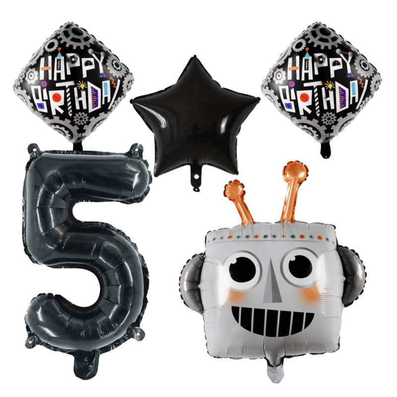 Number 5 Robot Birthday Party Balloons Black Silver Foil Set